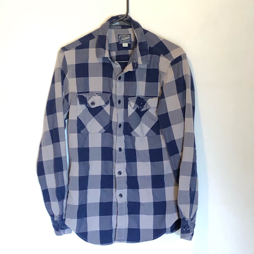 J Crew 100% cotton navy and grey plaid shirt